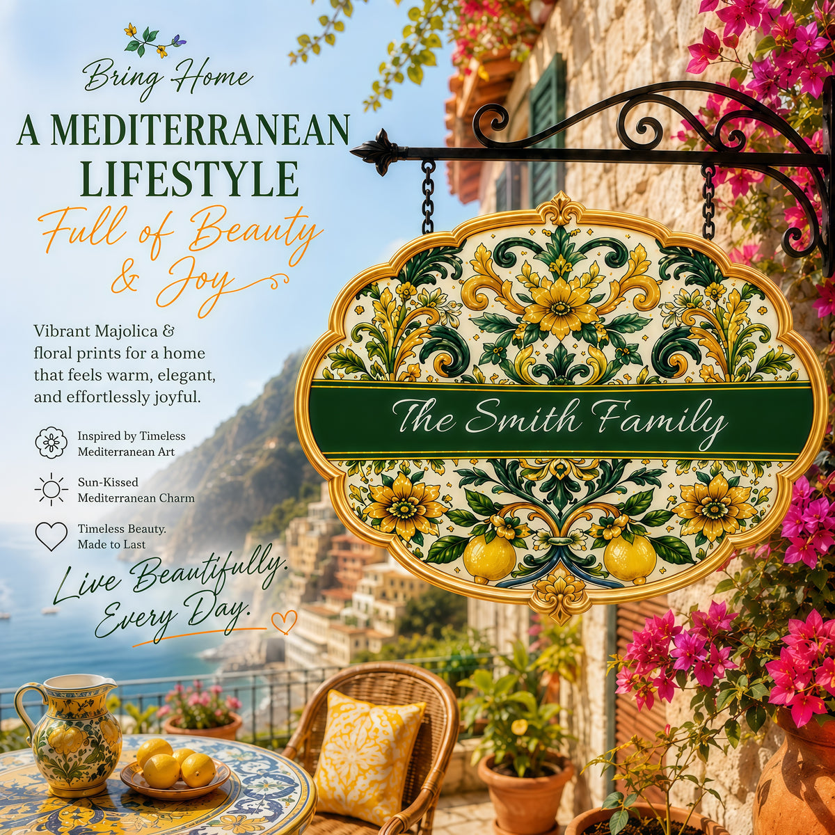 Mediterranean Style & Majolica Print Sun-Kissed Limoncello - Personalized Custom Shaped Metal Sign-Myprintsy