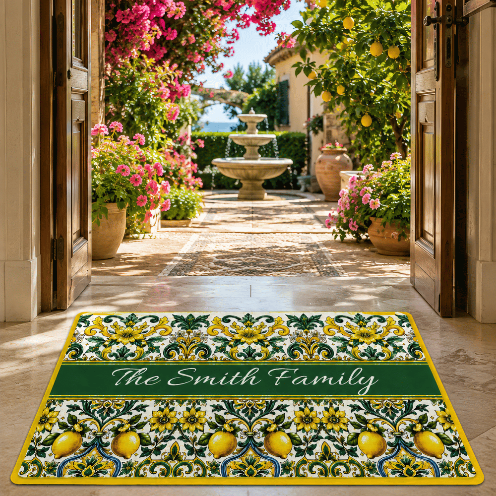Mediterranean Style & Majolica Print Sun-Kissed Limoncello - Personalized Doormat-Myprintsy