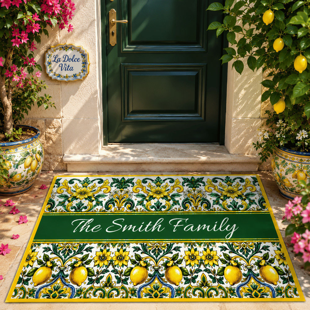 Mediterranean Style & Majolica Print Sun-Kissed Limoncello - Personalized Doormat-Myprintsy