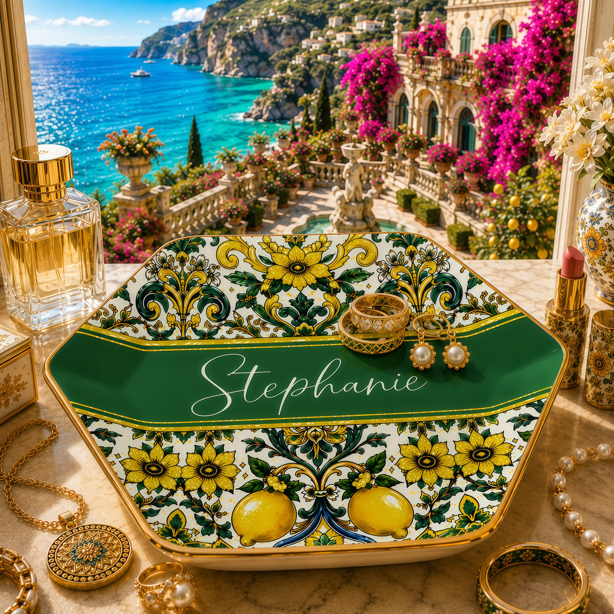 Mediterranean Style & Majolica Print Sun-Kissed Limoncello - Personalized Jewelry Dish-Myprintsy