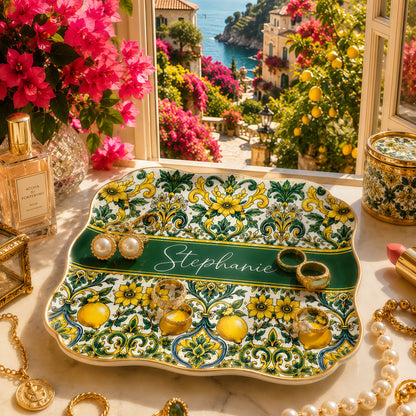Mediterranean Style & Majolica Print Sun-Kissed Limoncello - Personalized Jewelry Dish-Myprintsy