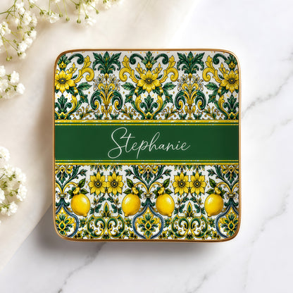 Mediterranean Style & Majolica Print Sun-Kissed Limoncello - Personalized Jewelry Dish-Myprintsy