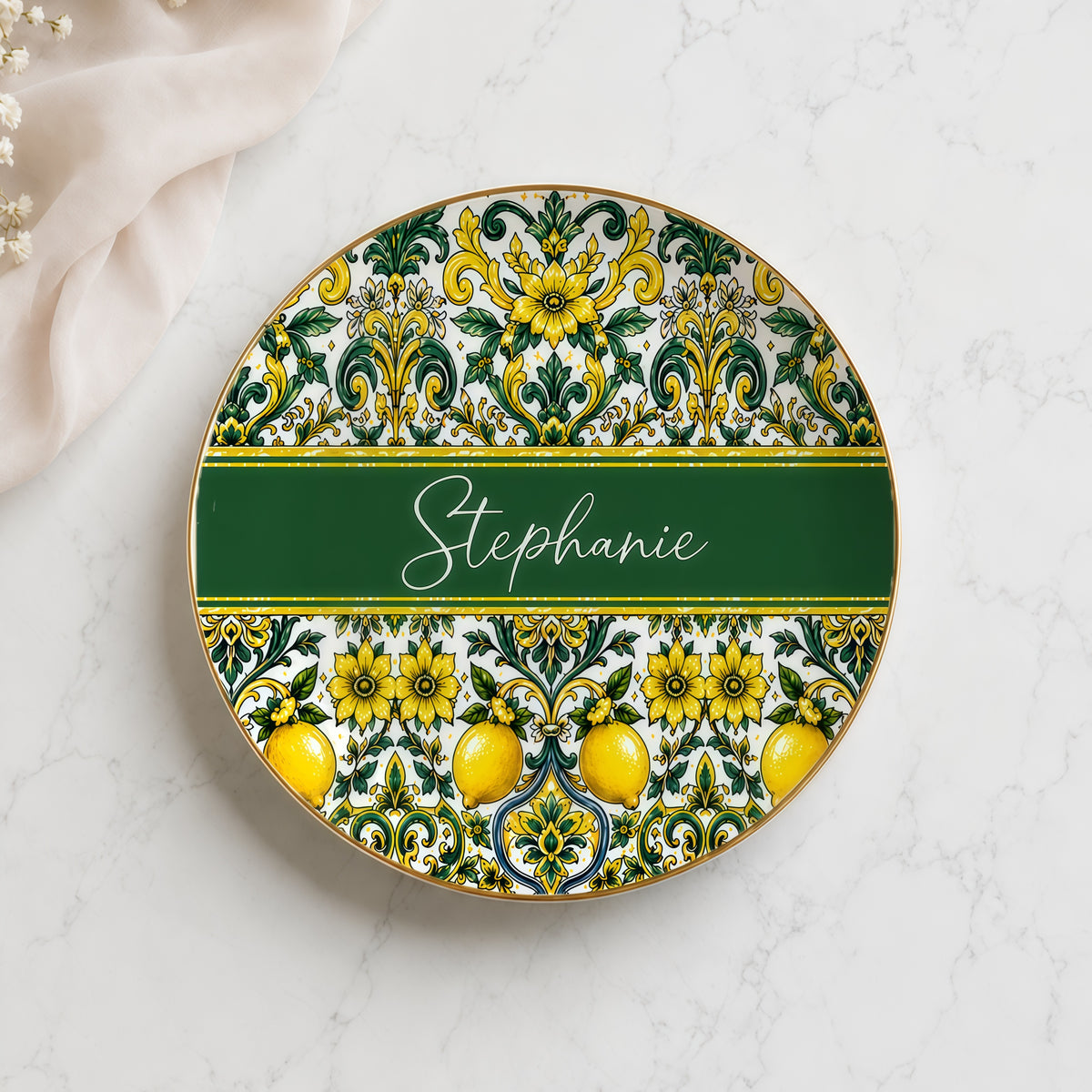 Mediterranean Style & Majolica Print Sun-Kissed Limoncello - Personalized Jewelry Dish-Myprintsy
