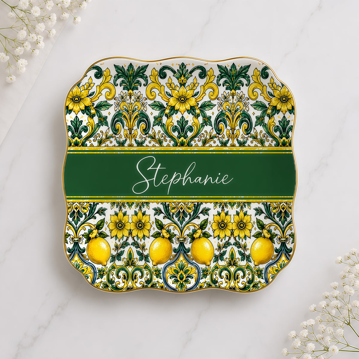 Mediterranean Style & Majolica Print Sun-Kissed Limoncello - Personalized Jewelry Dish-Myprintsy