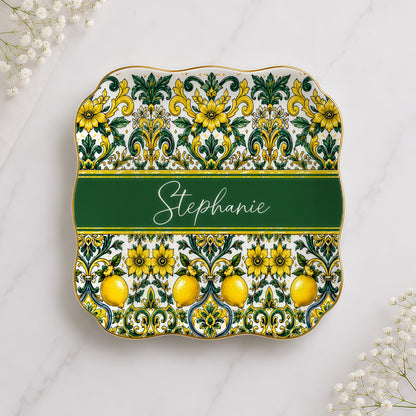 Mediterranean Style & Majolica Print Sun-Kissed Limoncello - Personalized Jewelry Dish-Myprintsy