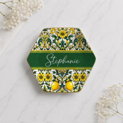Mediterranean Style & Majolica Print Sun-Kissed Limoncello - Personalized Jewelry Dish-Myprintsy