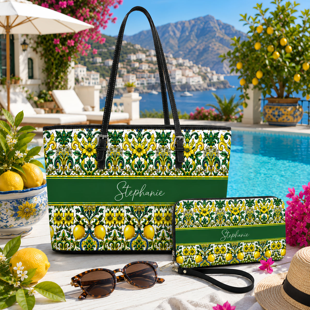 Mediterranean Style & Majolica Print Sun-Kissed Limoncello - Personalized Leather Bag & Wallet Set-Myprintsy