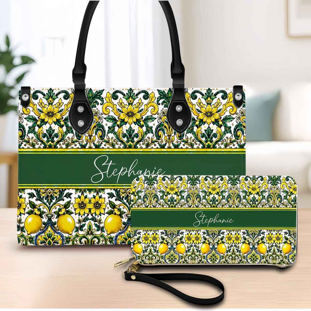 Mediterranean Style & Majolica Print Sun-Kissed Limoncello - Personalized Leather Bag & Wallet Set-Myprintsy
