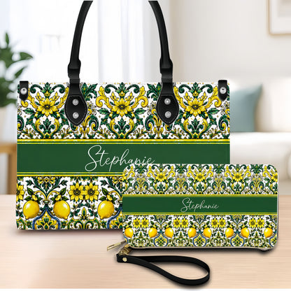 Mediterranean Style & Majolica Print Sun-Kissed Limoncello - Personalized Leather Bag & Wallet Set-Myprintsy
