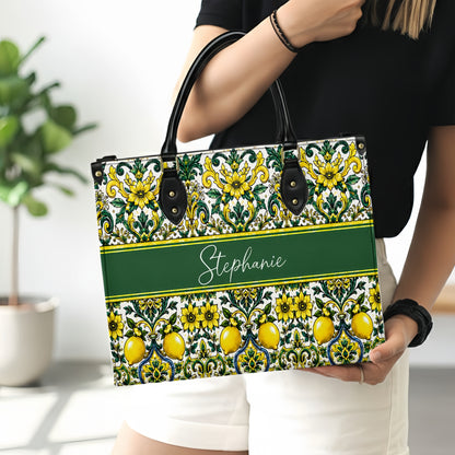 Mediterranean Style & Majolica Print Sun-Kissed Limoncello - Personalized Leather Bag & Wallet Set-Myprintsy
