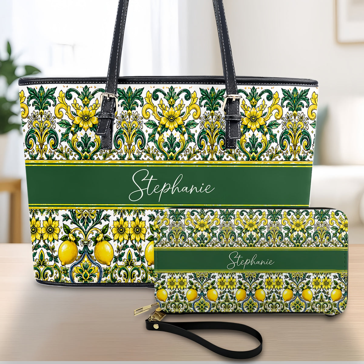 Mediterranean Style & Majolica Print Sun-Kissed Limoncello - Personalized Leather Bag & Wallet Set-Myprintsy