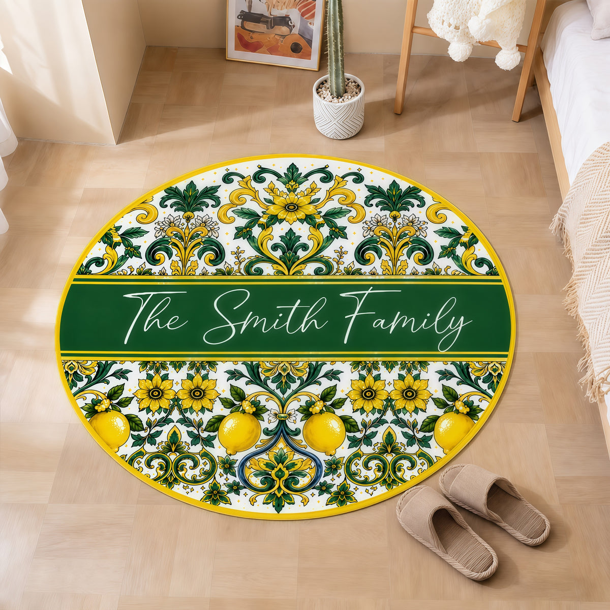 Mediterranean Style & Majolica Print Sun-Kissed Limoncello - Personalized Round Rug-Myprintsy
