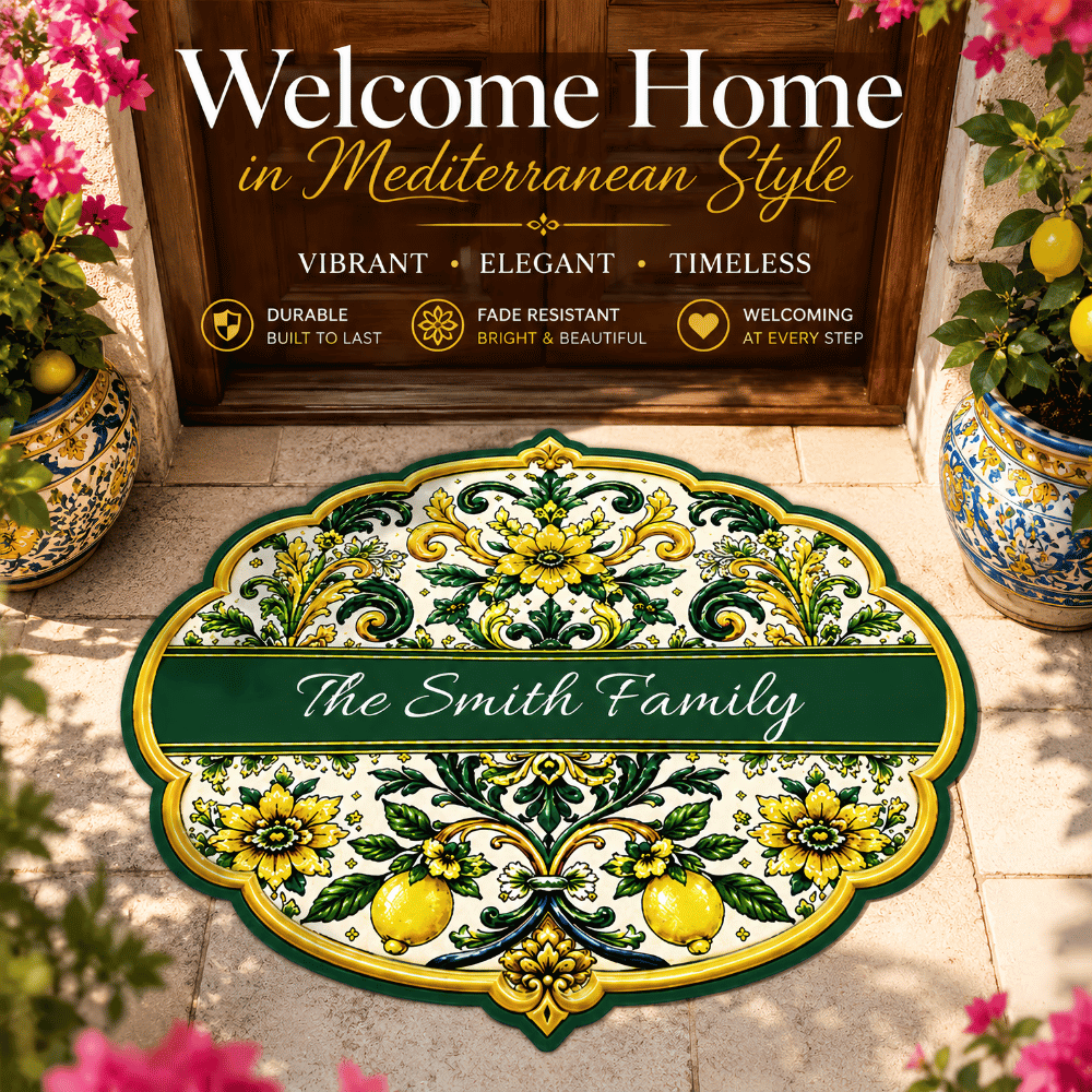 Mediterranean Style & Majolica Print Sun-Kissed Limoncello - Personalized Shaped Luxurious Doormat-Myprintsy