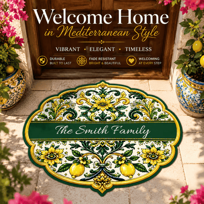 Mediterranean Style & Majolica Print Sun-Kissed Limoncello - Personalized Shaped Luxurious Doormat-Myprintsy