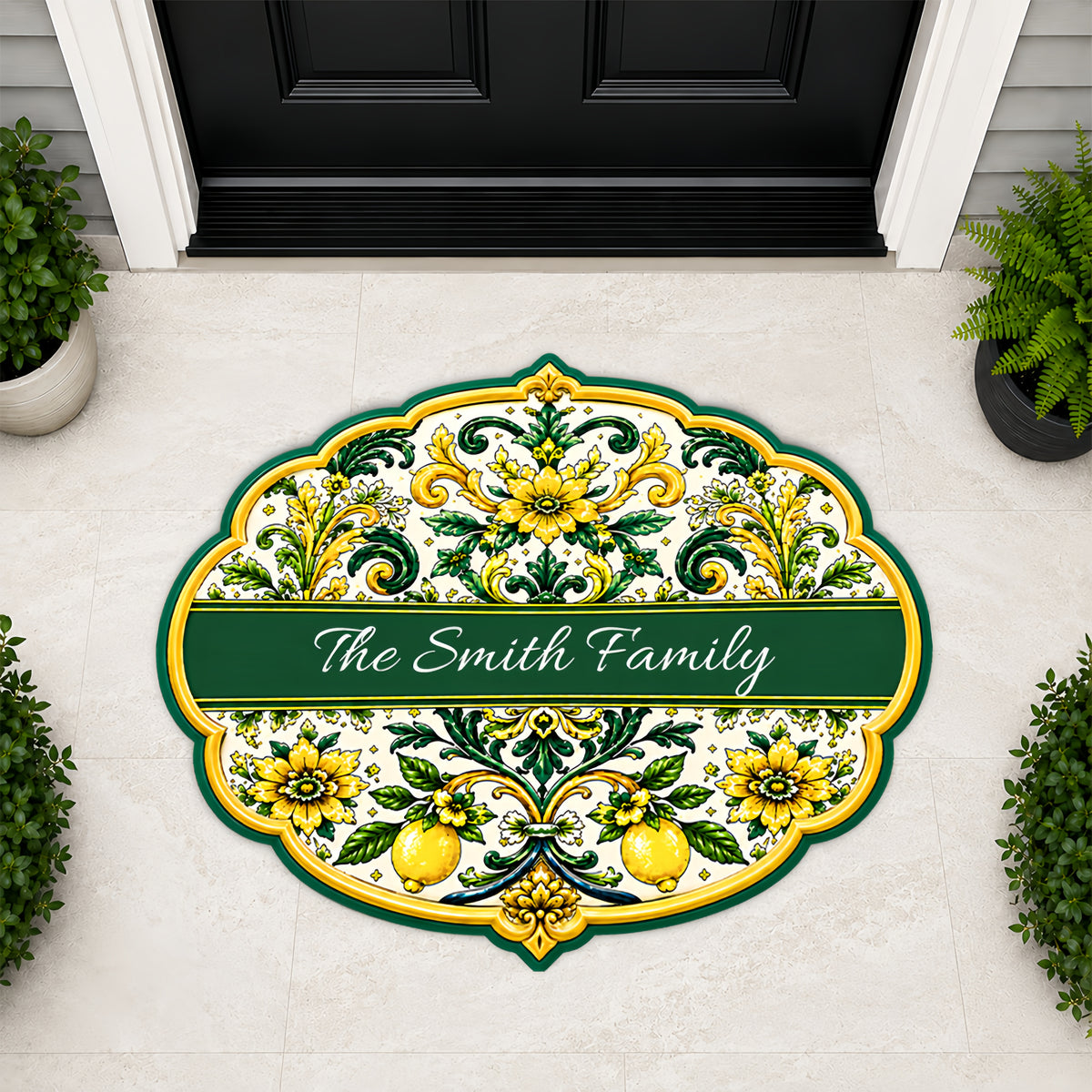 Mediterranean Style & Majolica Print Sun-Kissed Limoncello - Personalized Shaped Luxurious Doormat-Myprintsy