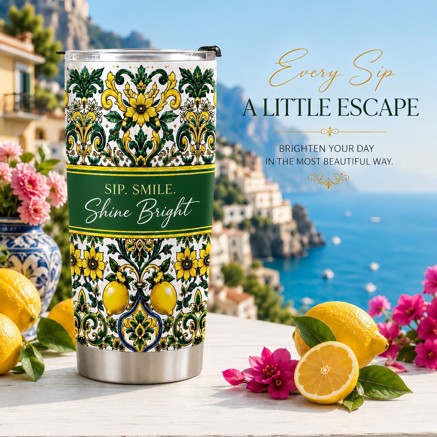 Mediterranean Style & Majolica Print Sun-Kissed Limoncello - Personalized Tumbler Cup-Myprintsy