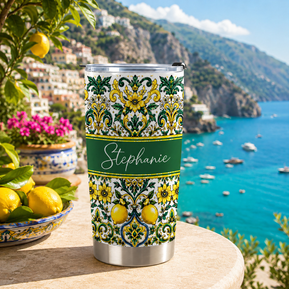 Mediterranean Style & Majolica Print Sun-Kissed Limoncello - Personalized Tumbler Cup-Myprintsy