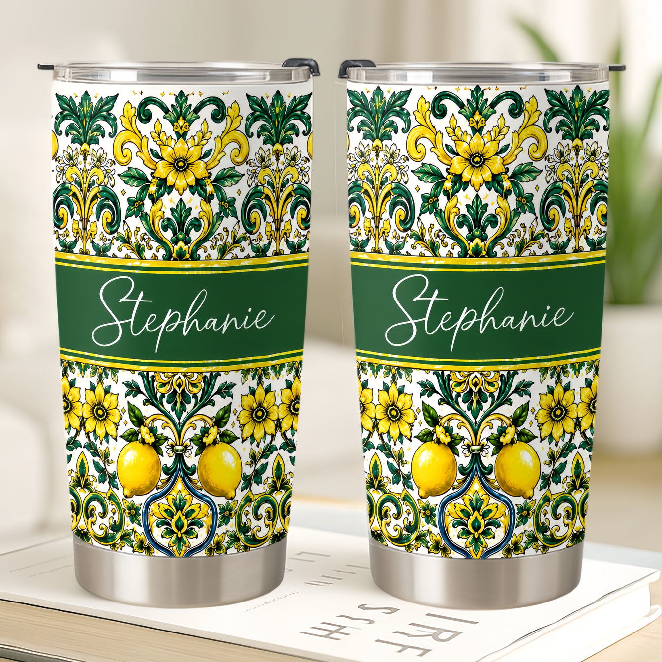 Mediterranean Style & Majolica Print Sun-Kissed Limoncello - Personalized Tumbler Cup-Myprintsy