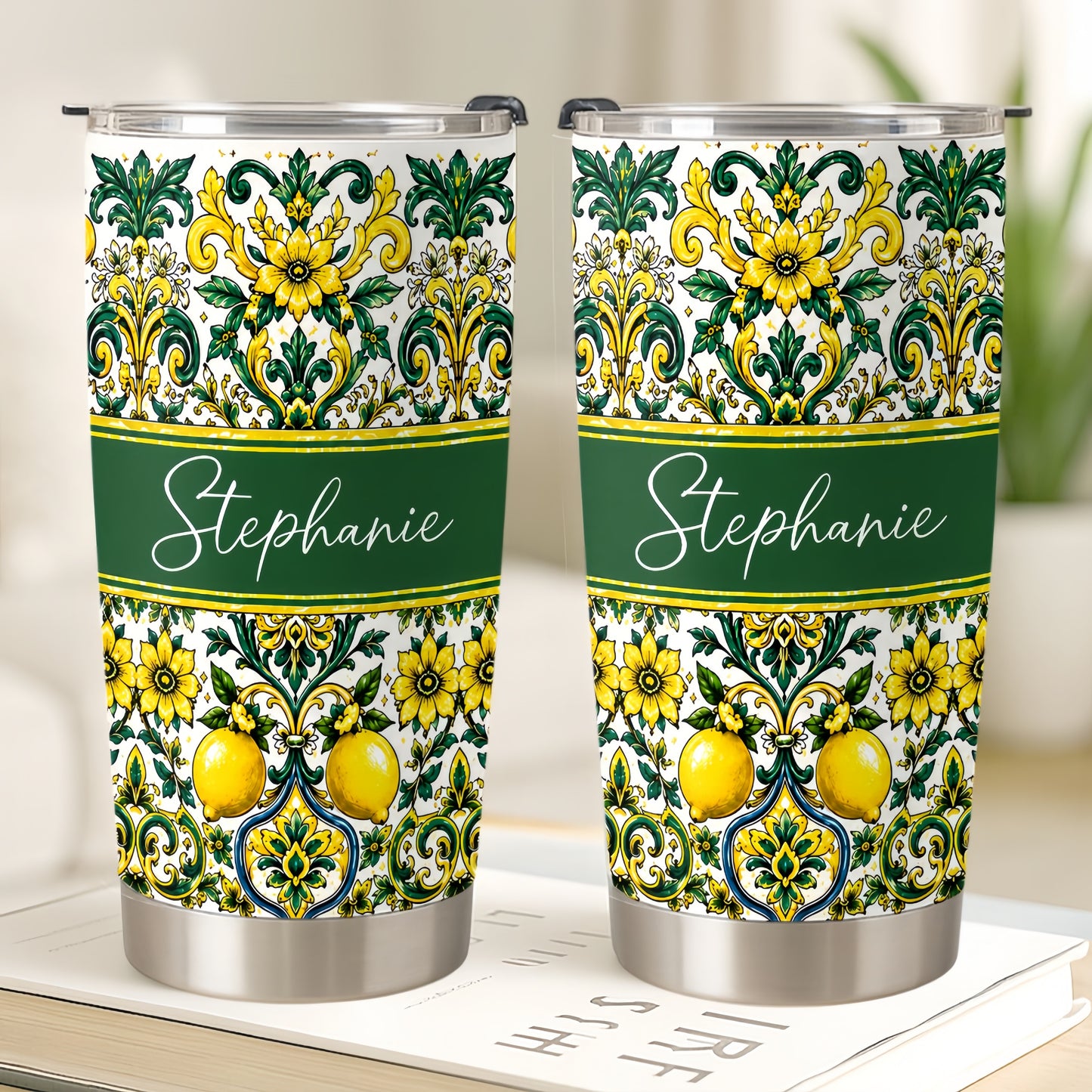Mediterranean Style & Majolica Print Sun-Kissed Limoncello - Personalized Tumbler Cup-Myprintsy