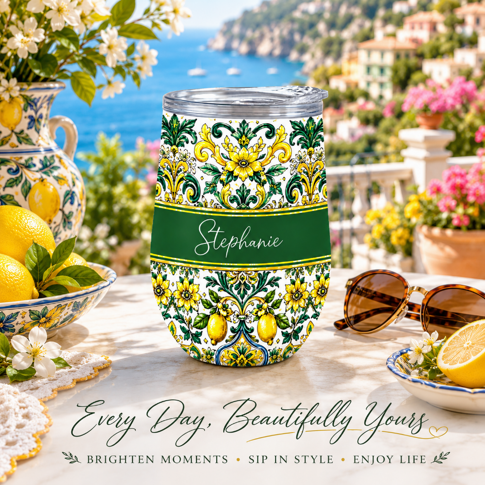Mediterranean Style & Majolica Print Sun-Kissed Limoncello - Personalized Wine Tumbler-Myprintsy