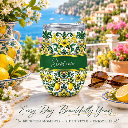 Mediterranean Style & Majolica Print Sun-Kissed Limoncello - Personalized Wine Tumbler-Myprintsy