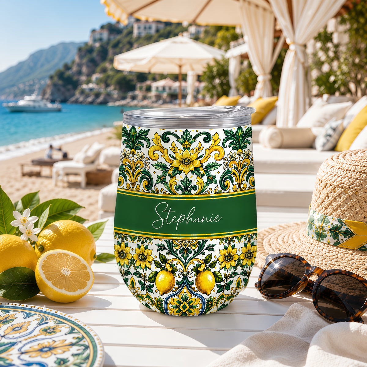 Mediterranean Style & Majolica Print Sun-Kissed Limoncello - Personalized Wine Tumbler-Myprintsy