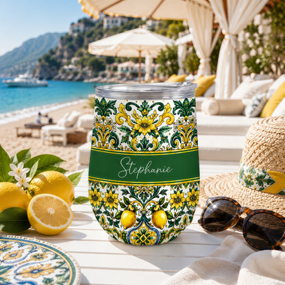 Mediterranean Style & Majolica Print Sun-Kissed Limoncello - Personalized Wine Tumbler-Myprintsy