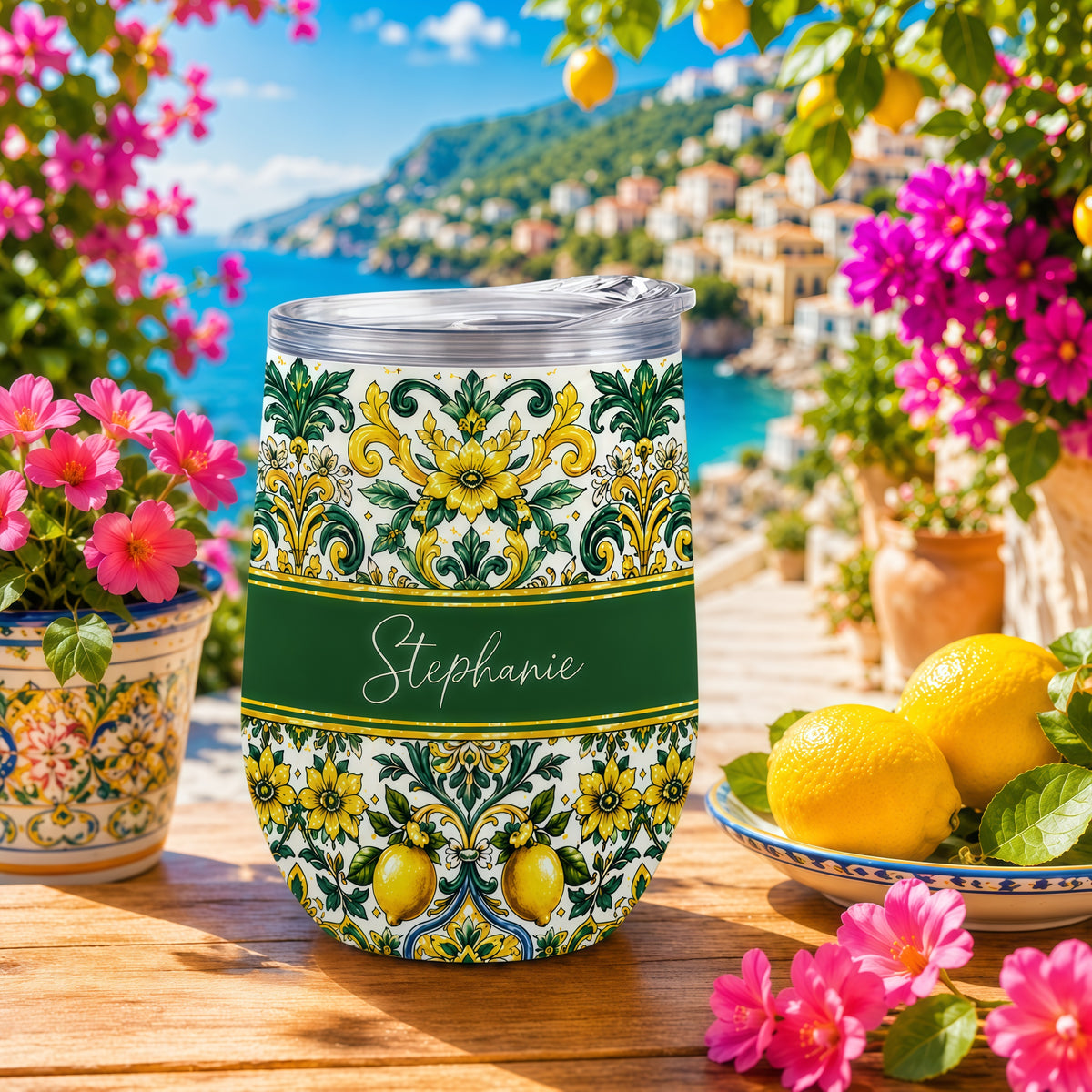 Mediterranean Style & Majolica Print Sun-Kissed Limoncello - Personalized Wine Tumbler-Myprintsy