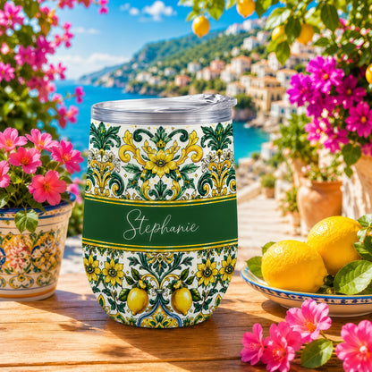 Mediterranean Style & Majolica Print Sun-Kissed Limoncello - Personalized Wine Tumbler-Myprintsy