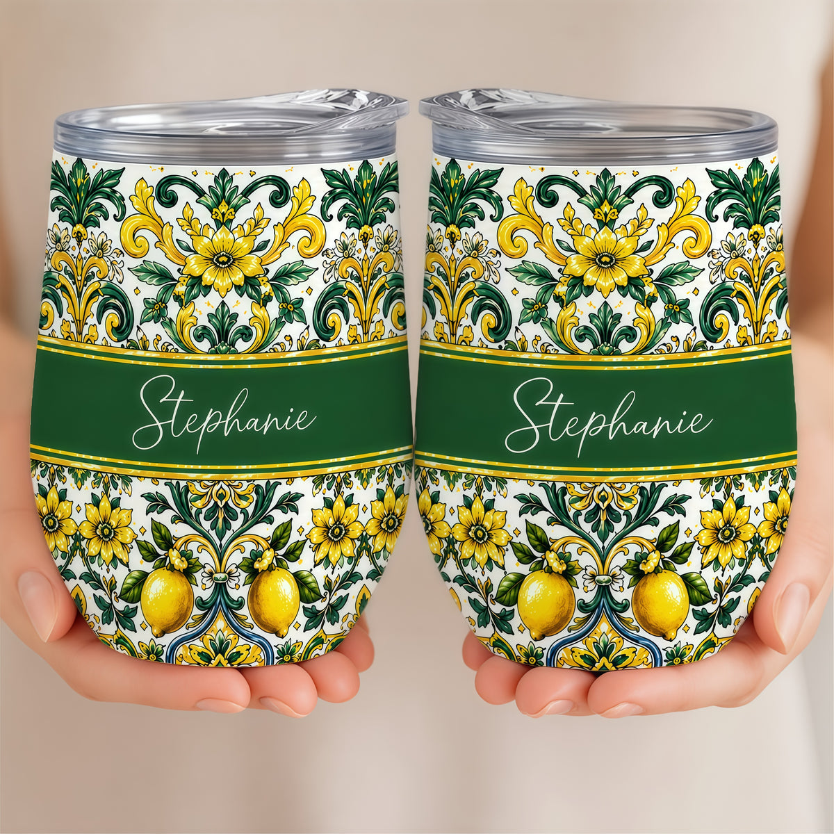 Mediterranean Style & Majolica Print Sun-Kissed Limoncello - Personalized Wine Tumbler-Myprintsy