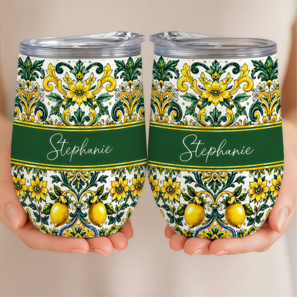 Mediterranean Style & Majolica Print Sun-Kissed Limoncello - Personalized Wine Tumbler-Myprintsy