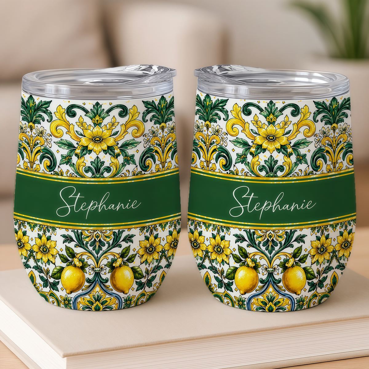 Mediterranean Style & Majolica Print Sun-Kissed Limoncello - Personalized Wine Tumbler-Myprintsy