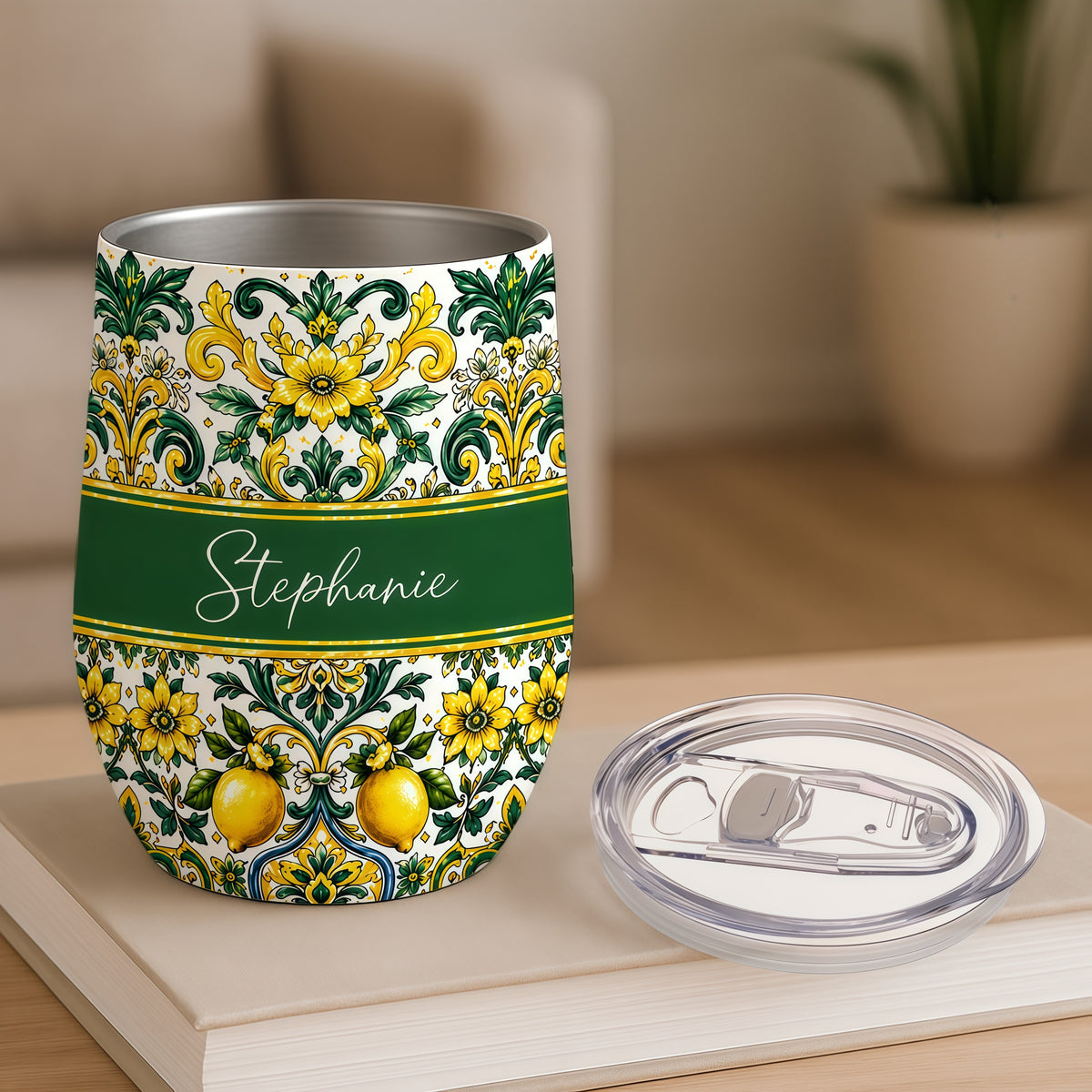 Mediterranean Style & Majolica Print Sun-Kissed Limoncello - Personalized Wine Tumbler-Myprintsy