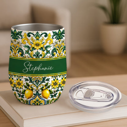 Mediterranean Style & Majolica Print Sun-Kissed Limoncello - Personalized Wine Tumbler-Myprintsy