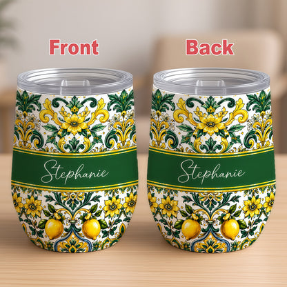 Mediterranean Style & Majolica Print Sun-Kissed Limoncello - Personalized Wine Tumbler-Myprintsy