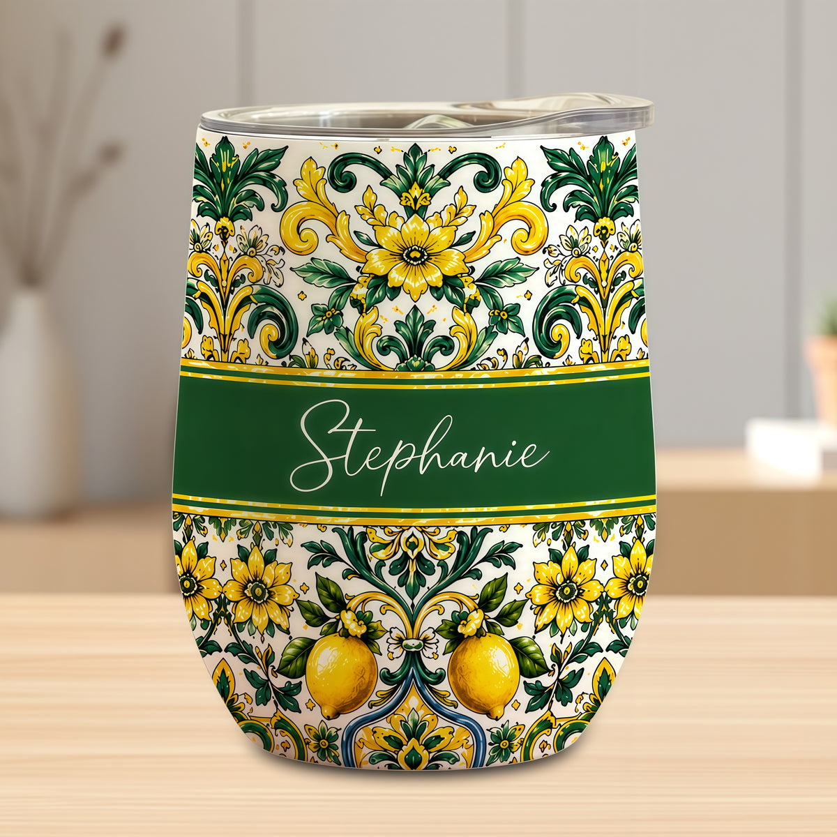 Mediterranean Style & Majolica Print Sun-Kissed Limoncello - Personalized Wine Tumbler-Myprintsy