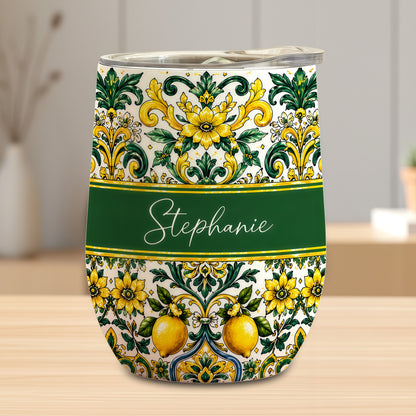 Mediterranean Style & Majolica Print Sun-Kissed Limoncello - Personalized Wine Tumbler-Myprintsy