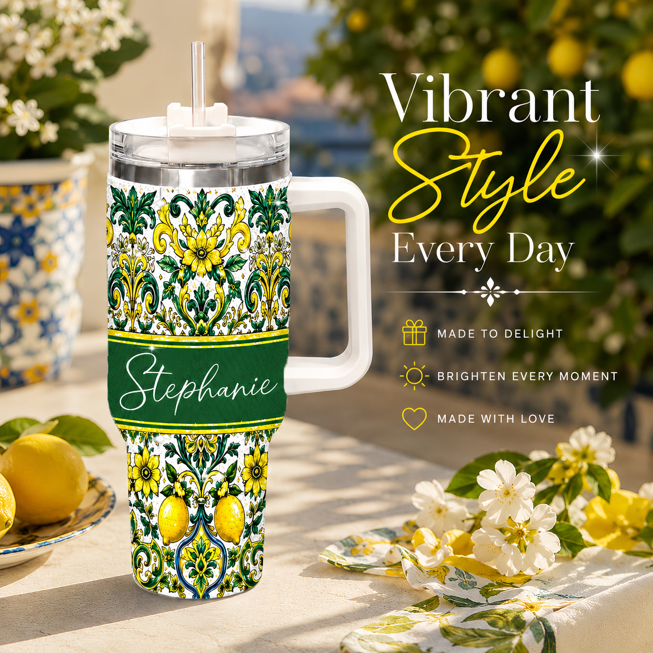 Mediterranean Style & Majolica Print Sun-Kissed Limoncello Tumbler - Personalized 40oz Tumbler With Straw-Myprintsy