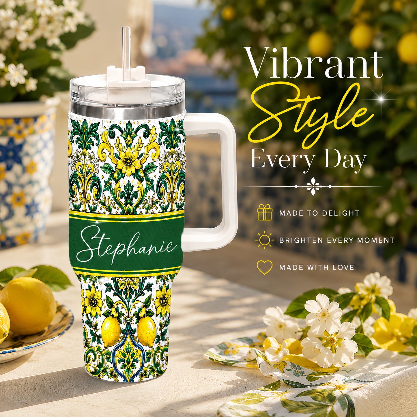 Mediterranean Style & Majolica Print Sun-Kissed Limoncello Tumbler - Personalized 40oz Tumbler With Straw-Myprintsy