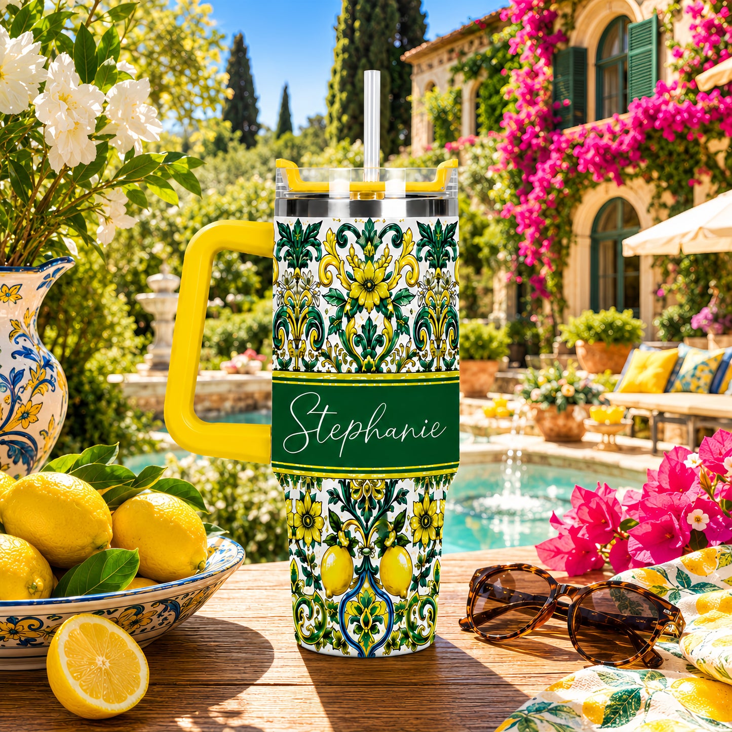 Mediterranean Style & Majolica Print Sun-Kissed Limoncello Tumbler - Personalized 40oz Tumbler With Straw-Myprintsy