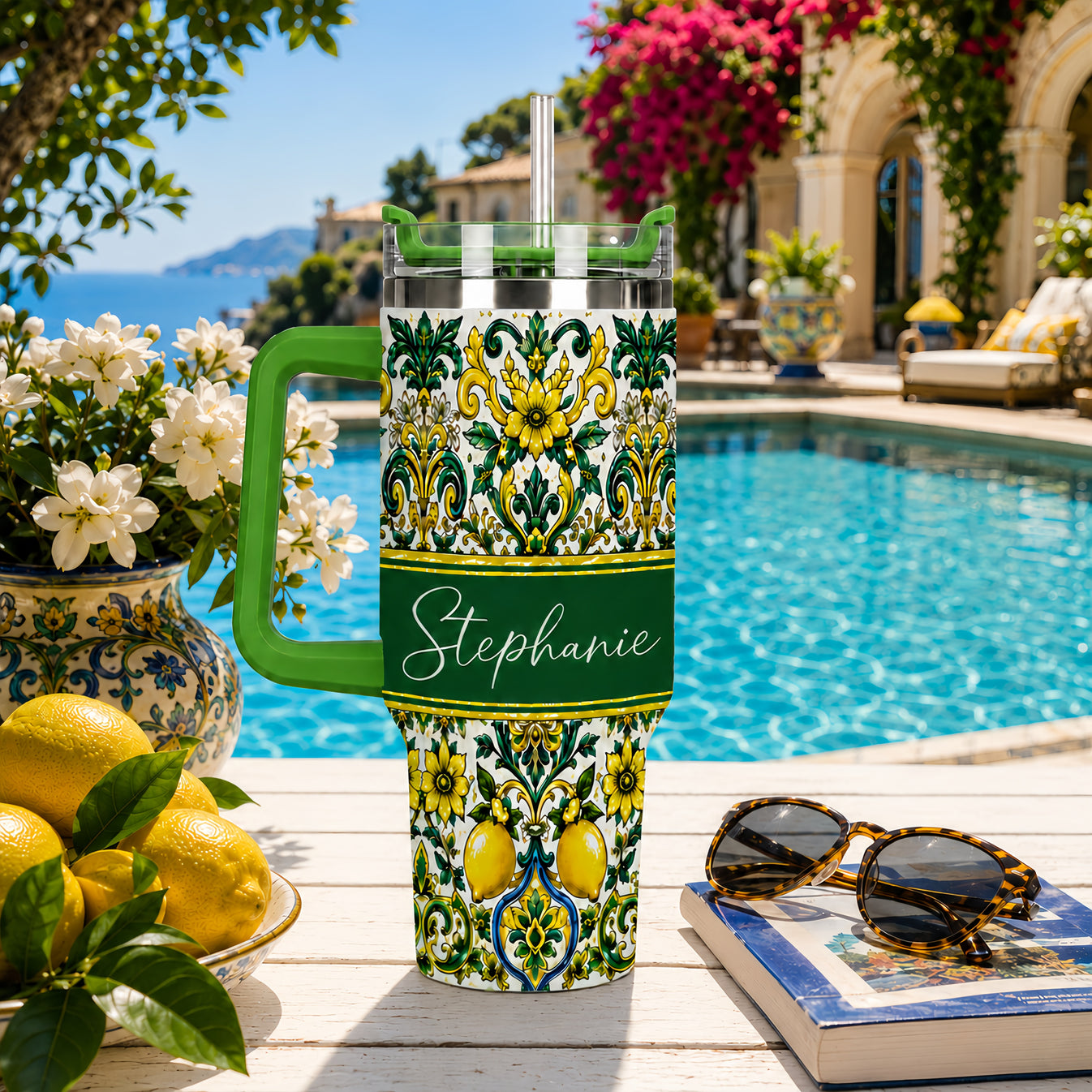 Mediterranean Style & Majolica Print Sun-Kissed Limoncello Tumbler - Personalized 40oz Tumbler With Straw-Myprintsy