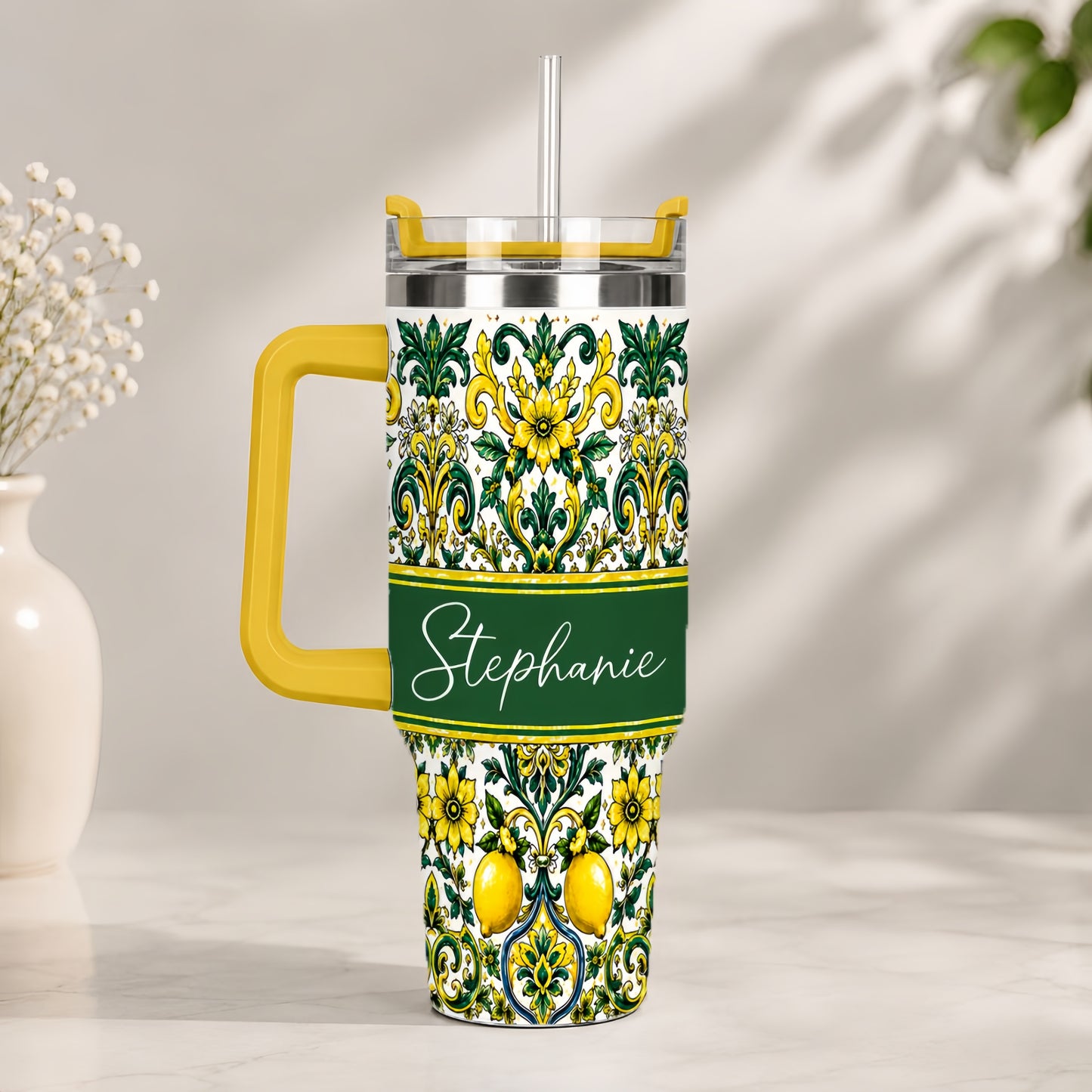 Mediterranean Style & Majolica Print Sun-Kissed Limoncello Tumbler - Personalized 40oz Tumbler With Straw-Myprintsy