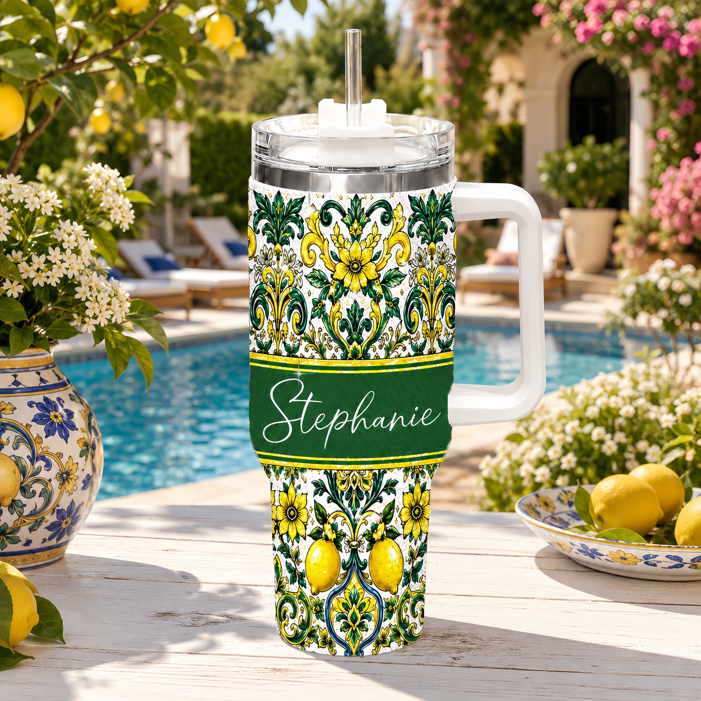 Mediterranean Style & Majolica Print Sun-Kissed Limoncello Tumbler - Personalized 40oz Tumbler With Straw-Myprintsy