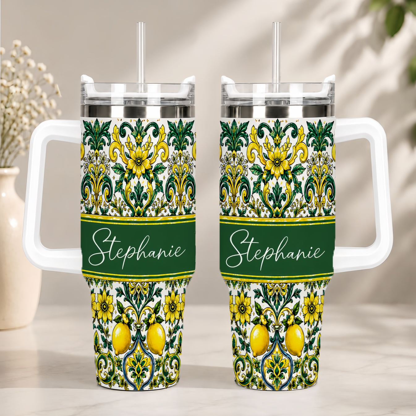 Mediterranean Style & Majolica Print Sun-Kissed Limoncello Tumbler - Personalized 40oz Tumbler With Straw-Myprintsy
