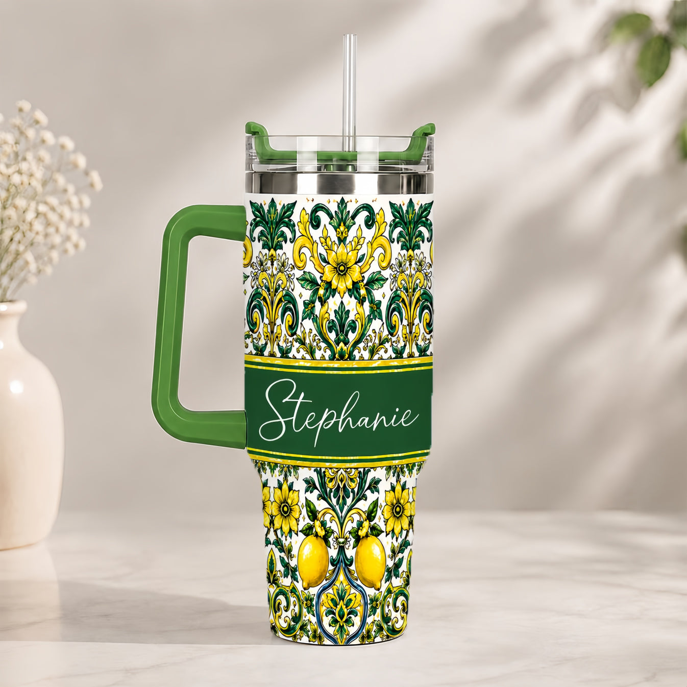 Mediterranean Style & Majolica Print Sun-Kissed Limoncello Tumbler - Personalized 40oz Tumbler With Straw-Myprintsy
