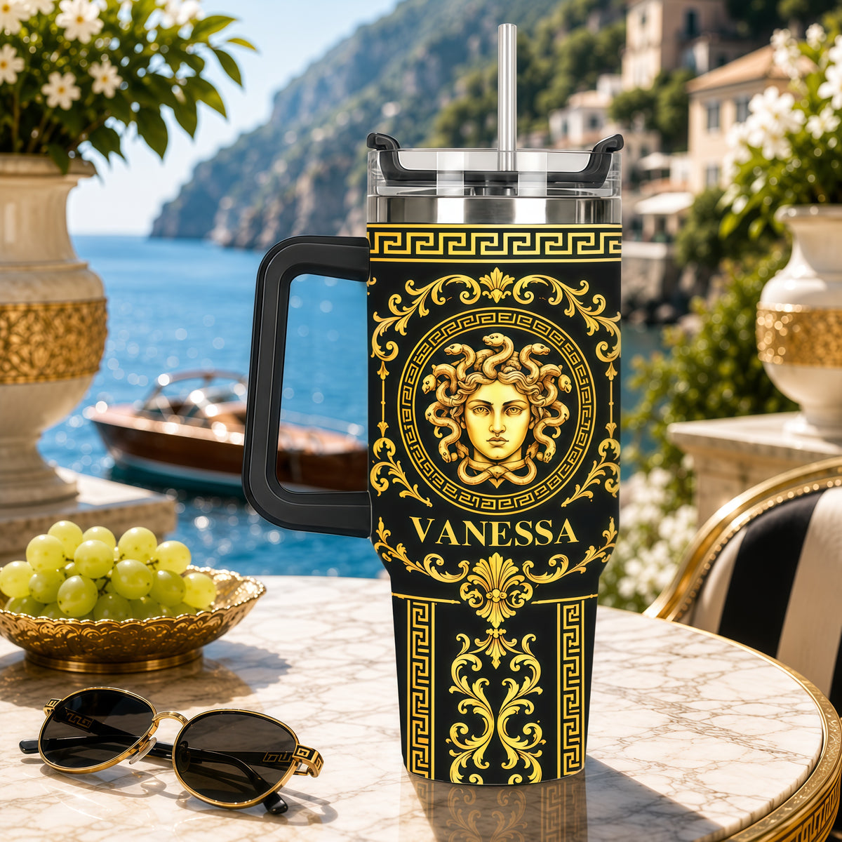 Medusa Head & Baroque Pattern Gold Black - Personalized 40oz Tumbler With Straw - Gift For Greek Mythology Lover-Myprintsy