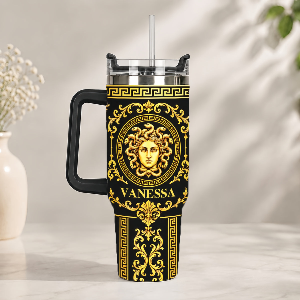Medusa Head & Baroque Pattern Gold Black - Personalized 40oz Tumbler With Straw - Gift For Greek Mythology Lover-Myprintsy