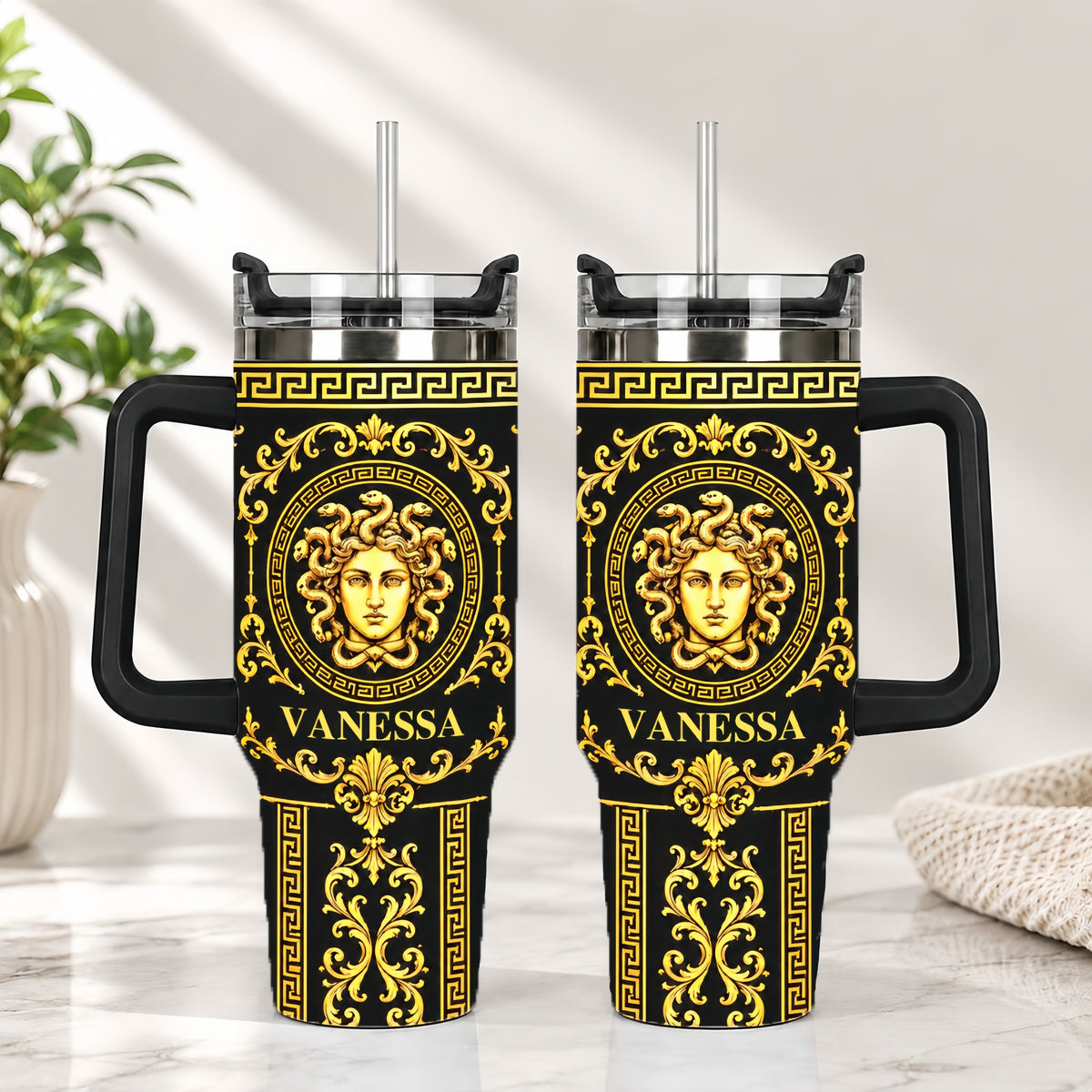 Medusa Head & Baroque Pattern Gold Black - Personalized 40oz Tumbler With Straw - Gift For Greek Mythology Lover-Myprintsy