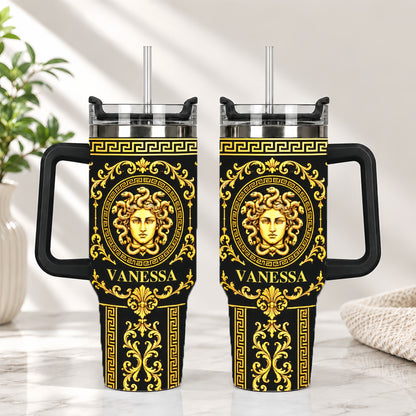 Medusa Head & Baroque Pattern Gold Black - Personalized 40oz Tumbler With Straw - Gift For Greek Mythology Lover-Myprintsy