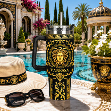 Medusa Head & Baroque Pattern Gold Black - Personalized 40oz Tumbler With Straw - Gift For Greek Mythology Lover-Myprintsy